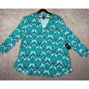 JM Collection Womens 2X Teal Medallion V-Neck 3/4 Sleeve Blouse 100200660WN NEW